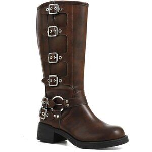 🆕Women Brown Knee High Square Toe Pull On Wide Calf Fashion Buckles Chunky Boot